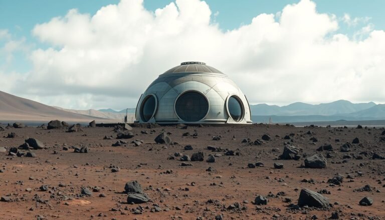 A simulated Mars habitat dome on a rocky volcanic terrain in Hawaii