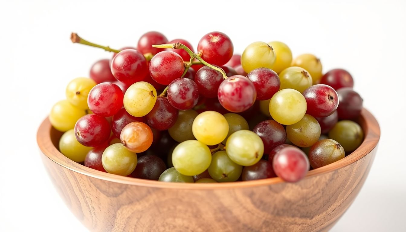 A wooden bowl filled with fresh red and green grapes on a white background