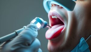 A healthcare professional performing a clinical examination of a patient's tongue to check for health indicators.
