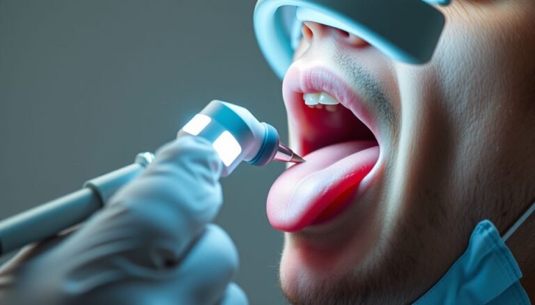 A healthcare professional performing a clinical examination of a patient's tongue to check for health indicators.