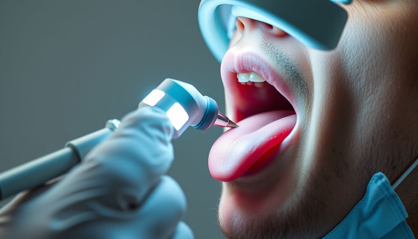 A healthcare professional performing a clinical examination of a patient's tongue to check for health indicators.