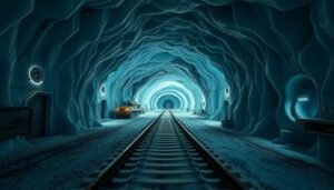 A conceptual depiction of a secret military tunnel network buried deep within the blue ice of the Greenland ice sheet.