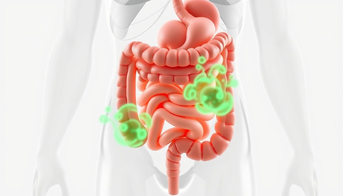 Medical illustration of the human digestive system showing the process of gas production in the colon.