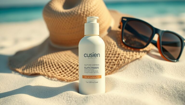 Sunscreen bottle and beach accessories on white sand under bright sunlight.