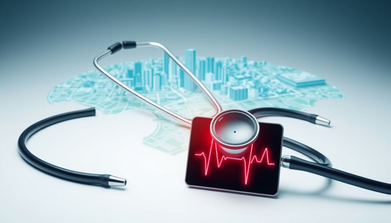 Conceptual image of a city map with medical tools representing the link between ZIP code and health outcomes