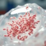 Microscopic view of Bacillus subtilis spores embedded in a biodegradable plastic polymer