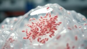 Microscopic view of Bacillus subtilis spores embedded in a biodegradable plastic polymer