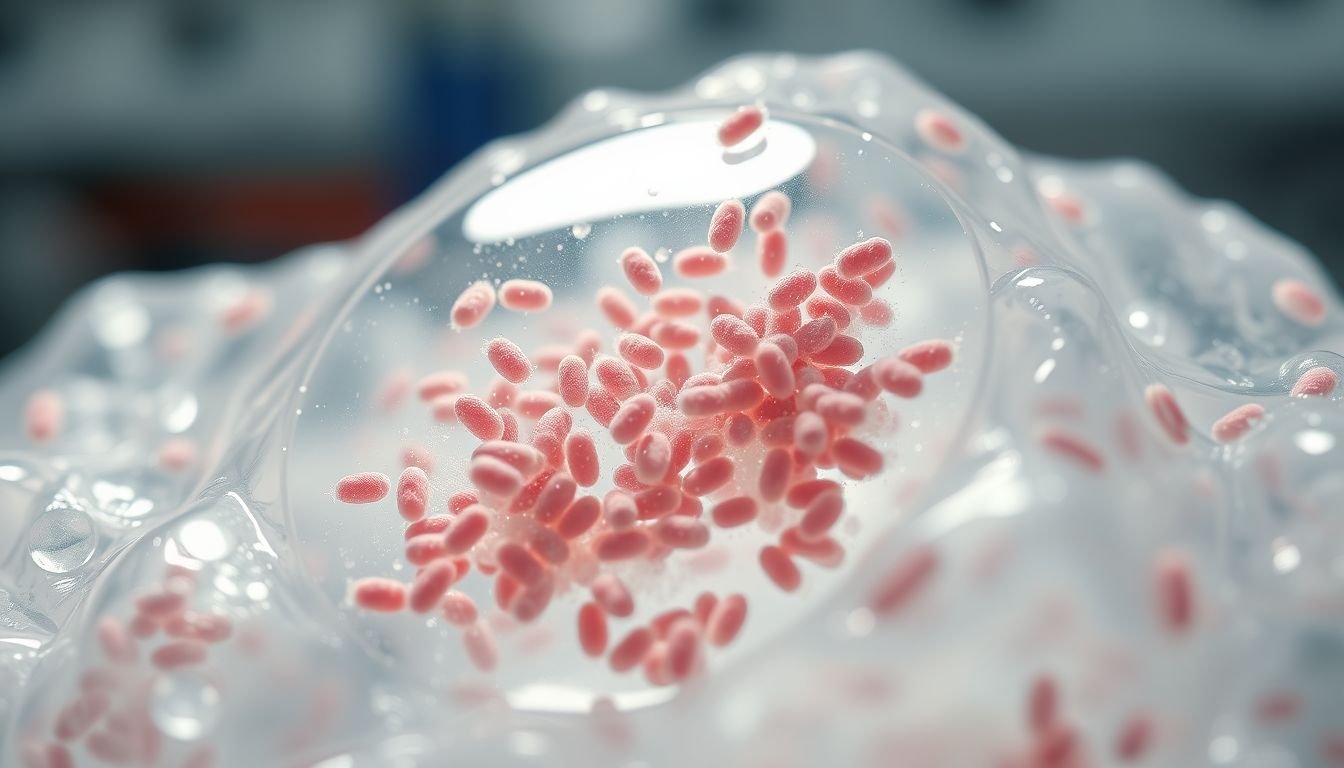 Microscopic view of Bacillus subtilis spores embedded in a biodegradable plastic polymer