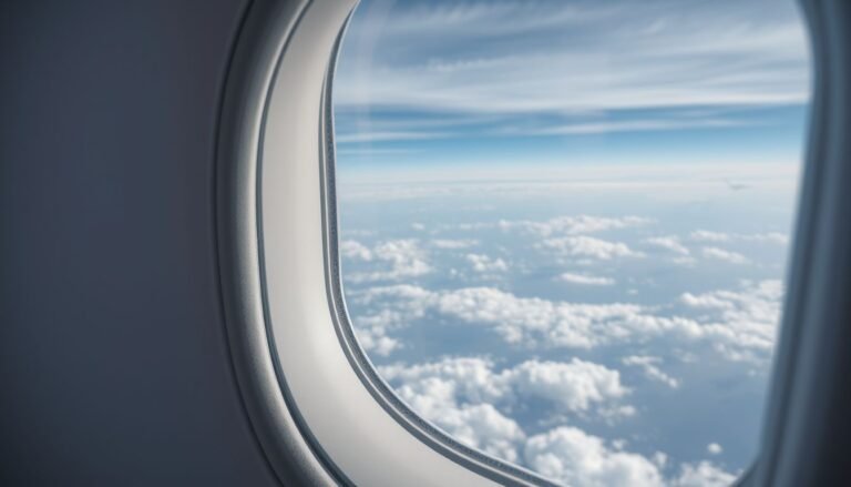 View of the clouds and blue sky from an airplane window seat during a flight