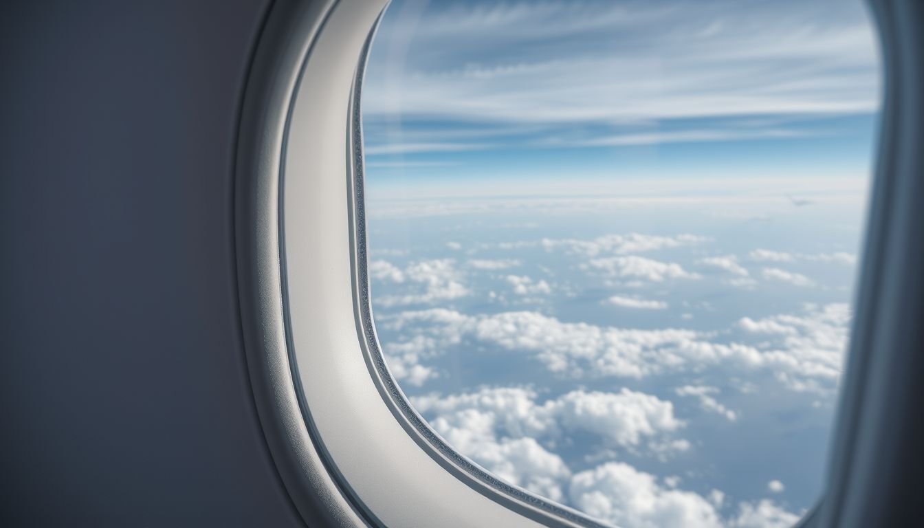 View of the clouds and blue sky from an airplane window seat during a flight