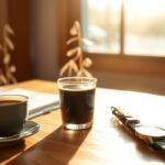 A cup of black coffee on a wooden desk with morning sunlight, representing optimal caffeine timing.