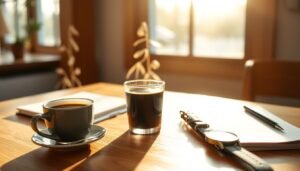 A cup of black coffee on a wooden desk with morning sunlight, representing optimal caffeine timing.