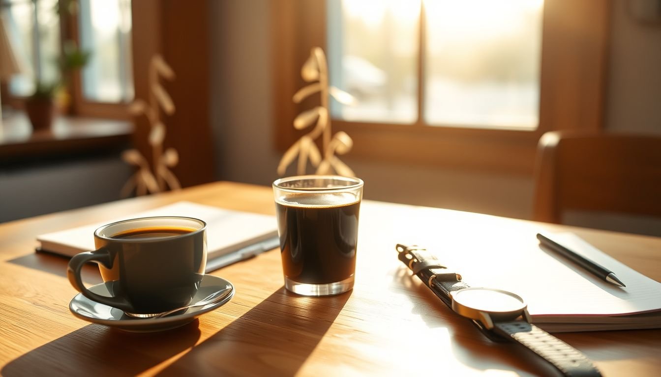 A cup of black coffee on a wooden desk with morning sunlight, representing optimal caffeine timing.