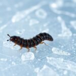 A macro shot of a tiny dark brown ice worm on a transparent glacial ice surface in Alaska