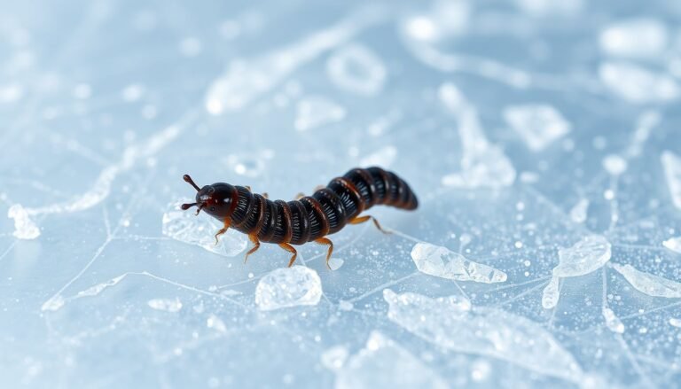 A macro shot of a tiny dark brown ice worm on a transparent glacial ice surface in Alaska