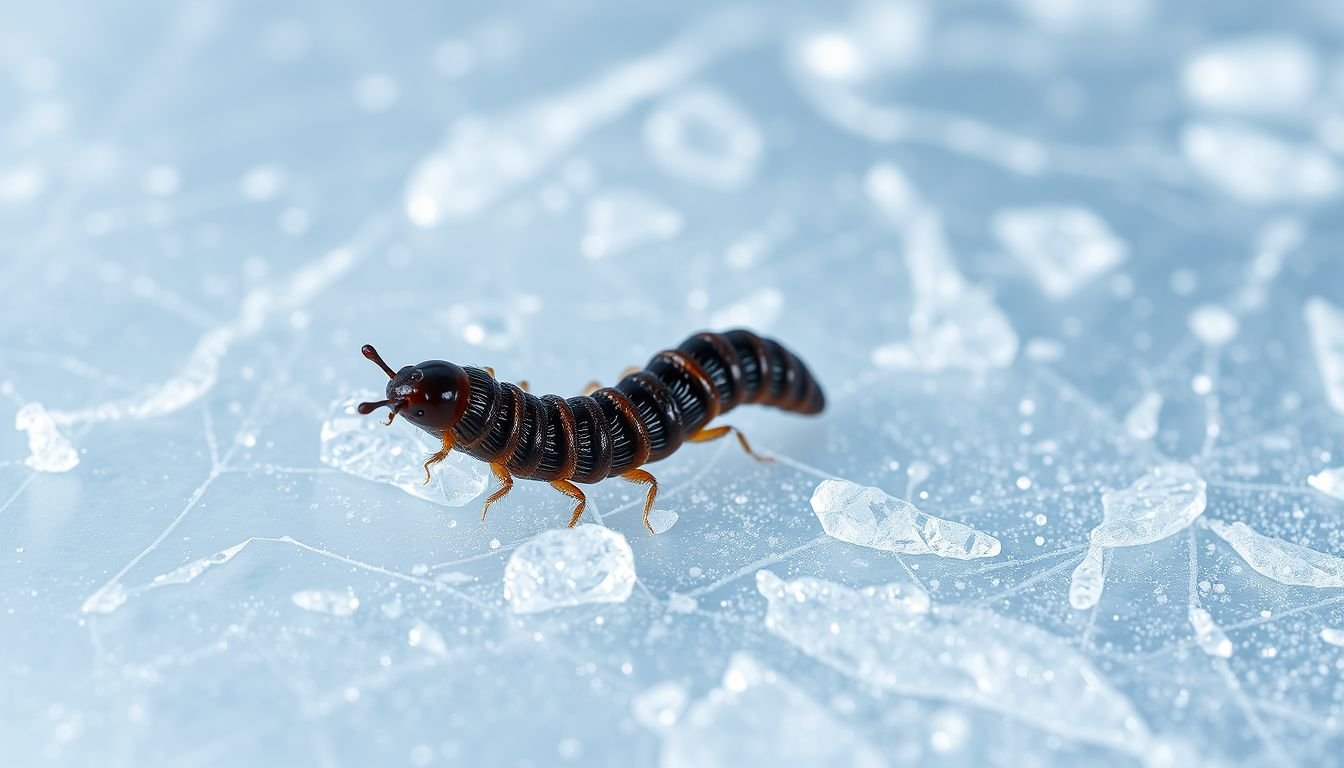 A macro shot of a tiny dark brown ice worm on a transparent glacial ice surface in Alaska
