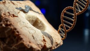 A fossilized ancient human tooth with a digital representation of DNA sequences to illustrate genetic dietary research.