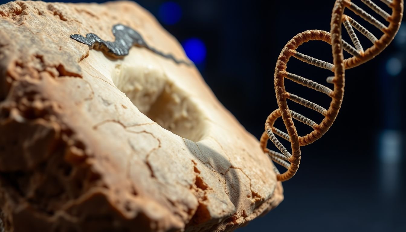 A fossilized ancient human tooth with a digital representation of DNA sequences to illustrate genetic dietary research.
