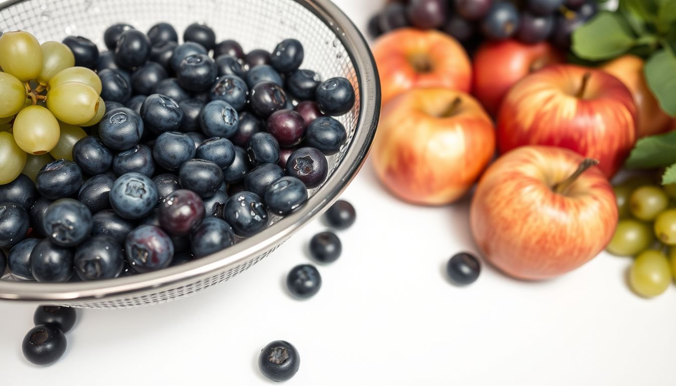 Fresh berries, grapes, and apples on a kitchen counter showing the difference between dry and washed produce