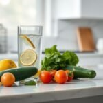 A glass of lemon water and fresh vegetables on a white kitchen counter representing detox myths
