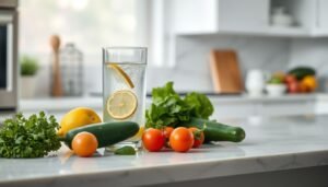A glass of lemon water and fresh vegetables on a white kitchen counter representing detox myths