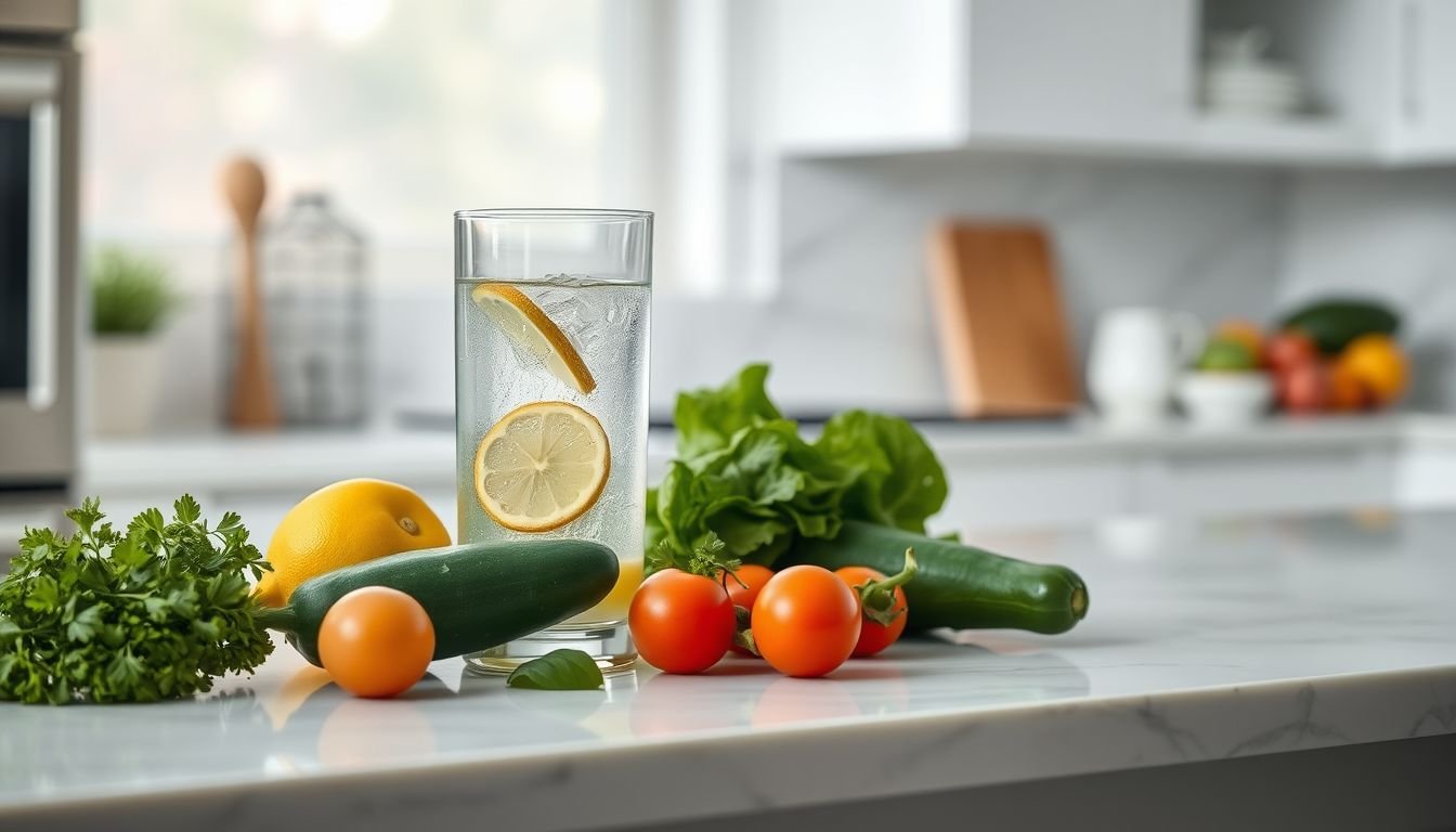 A glass of lemon water and fresh vegetables on a white kitchen counter representing detox myths