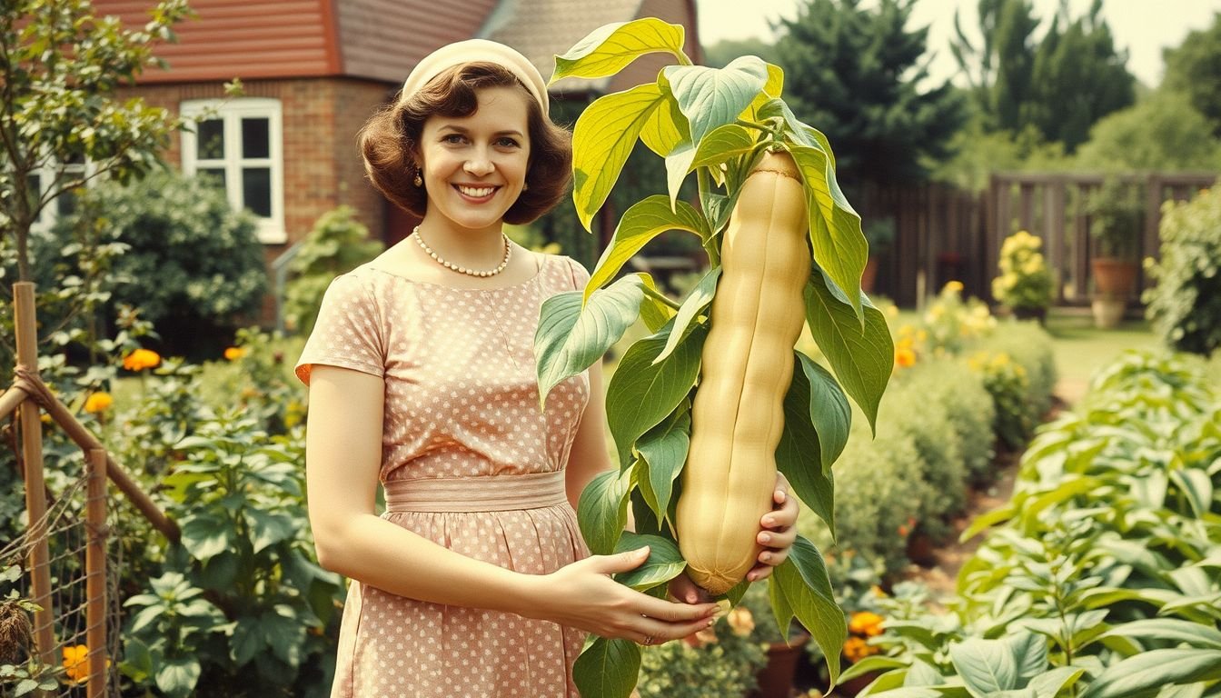 A vintage-style depiction of Muriel Howorth in her garden showing a mutated peanut plant from the atomic gardening era.