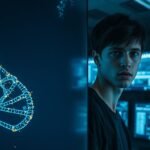 Conceptual representation of biological aging in Gen Z featuring DNA and digital stress.