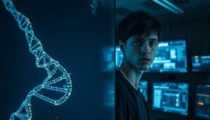 Conceptual representation of biological aging in Gen Z featuring DNA and digital stress.