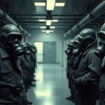 Soldiers in 1960s era chemical protective gear and gas masks at a military research facility.