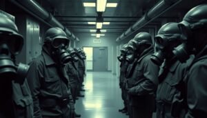 Soldiers in 1960s era chemical protective gear and gas masks at a military research facility.