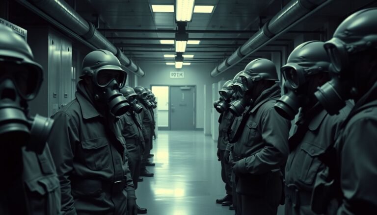 Soldiers in 1960s era chemical protective gear and gas masks at a military research facility.