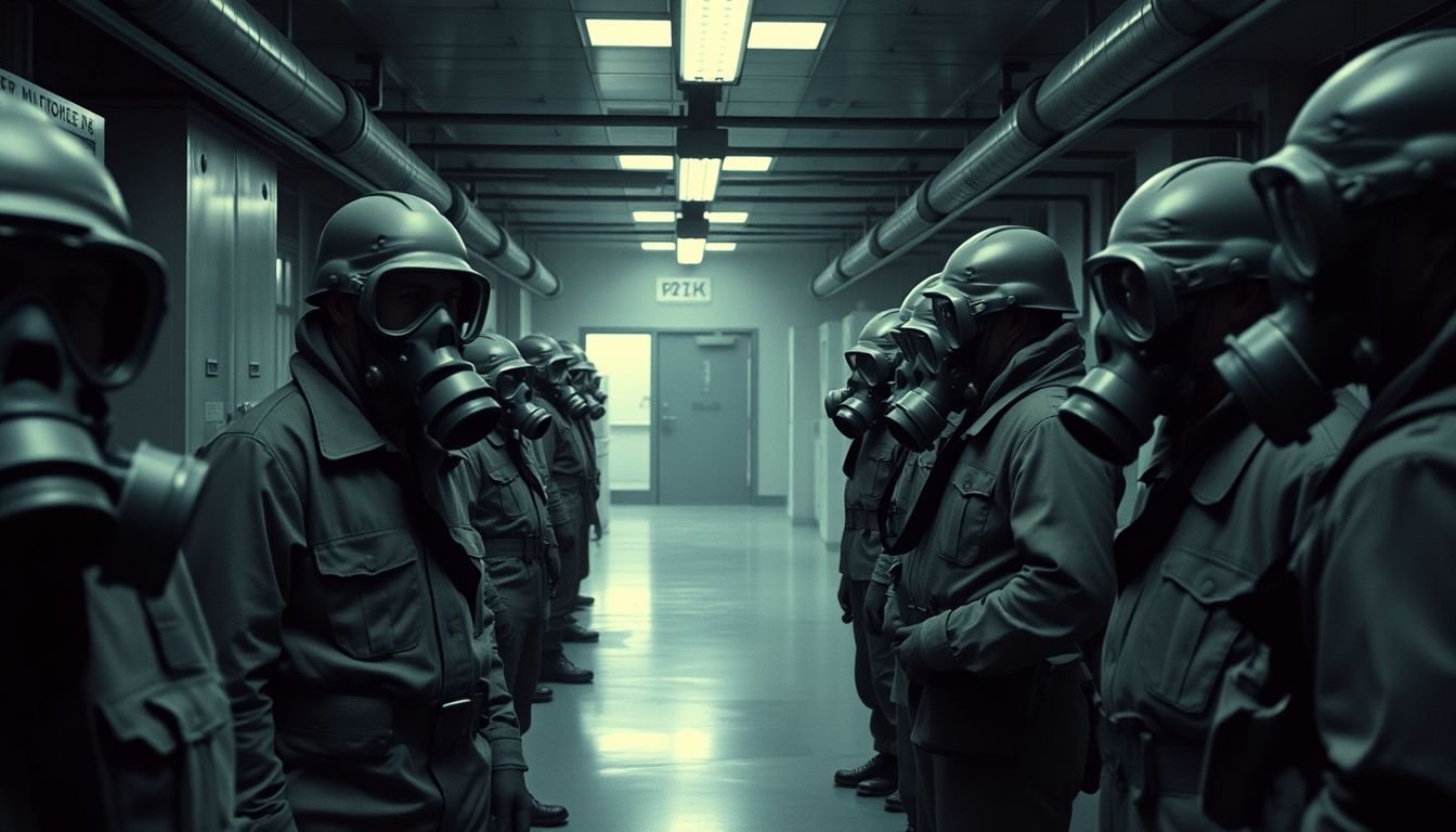 Soldiers in 1960s era chemical protective gear and gas masks at a military research facility.