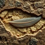 A fossilized piece of dinosaur coprolite containing a prehistoric bird feather