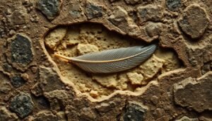 A fossilized piece of dinosaur coprolite containing a prehistoric bird feather