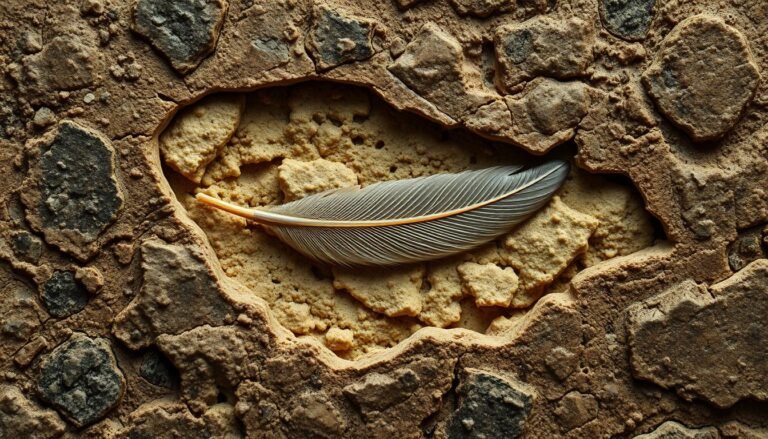 A fossilized piece of dinosaur coprolite containing a prehistoric bird feather