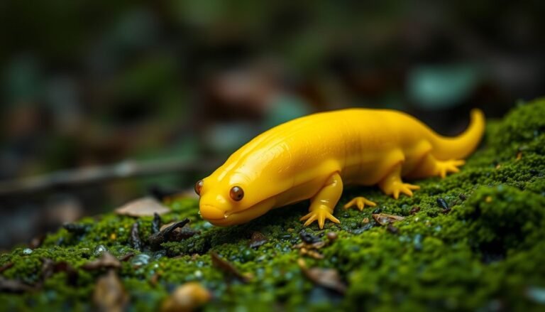 A yellow California banana slug crawling on a leaf in a damp forest environment