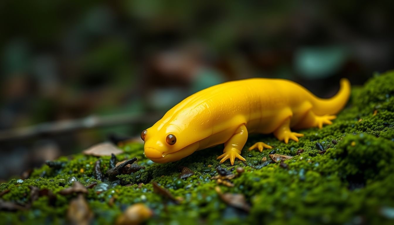 A yellow California banana slug crawling on a leaf in a damp forest environment