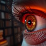 Close-up of a human eye reflecting warm light in a library setting