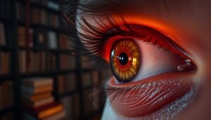Close-up of a human eye reflecting warm light in a library setting