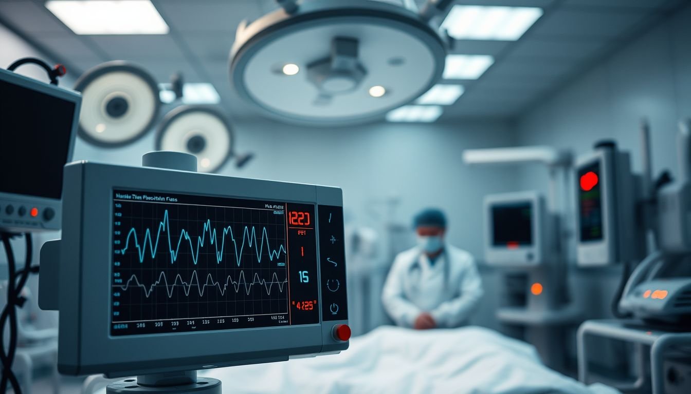 A medical monitor displaying vital signs in a modern hospital intensive care unit.