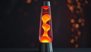 A glowing orange lava lamp with floating wax blobs against a dark background.