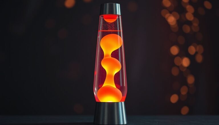 A glowing orange lava lamp with floating wax blobs against a dark background.