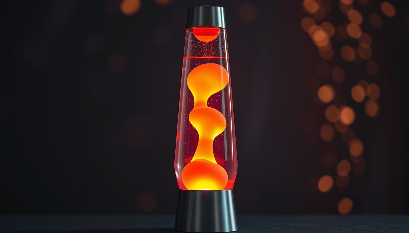 A glowing orange lava lamp with floating wax blobs against a dark background.