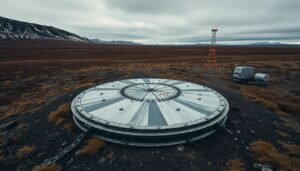 The sealed metal cover of the Kola Superdeep Borehole in the Arctic tundra of the Kola Peninsula.
