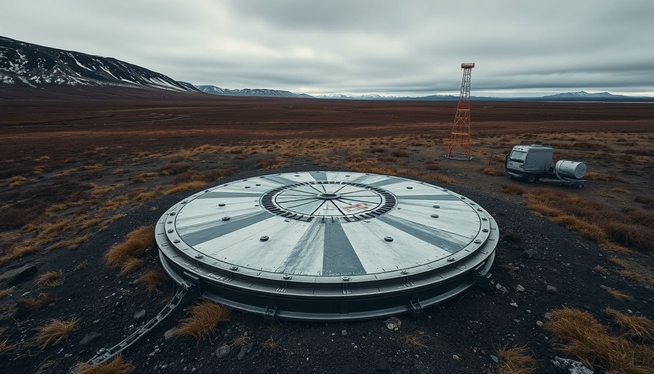 The sealed metal cover of the Kola Superdeep Borehole in the Arctic tundra of the Kola Peninsula.