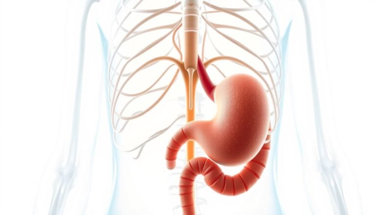 Medical illustration of the human nervous system and stomach highlighting the neurological triggers of vomiting.