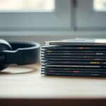 A stack of music CDs and wired headphones on a wooden surface representing the physical media revival.