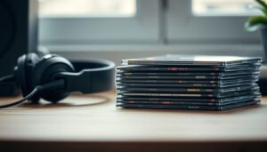A stack of music CDs and wired headphones on a wooden surface representing the physical media revival.