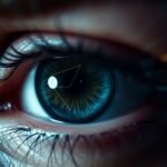 Close-up of a human eye with digital overlays representing the concept of selective attention and inattentional blindness.